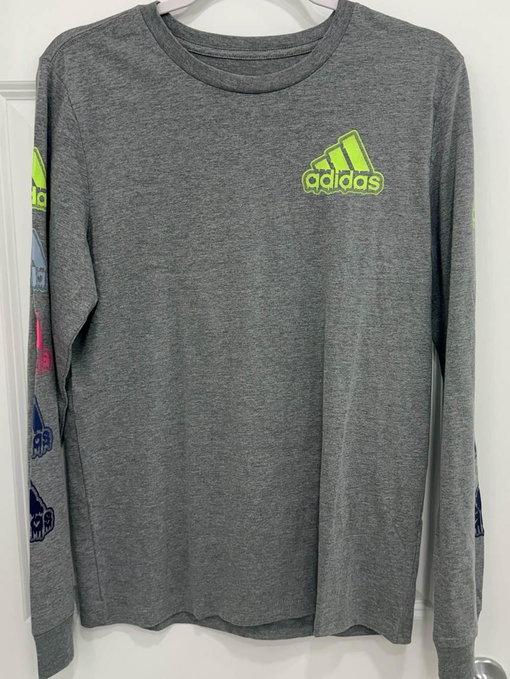 adidas Gray Long-Sleeve Tee with Neon Yellow Logo and Multicolor Sleeve Accents